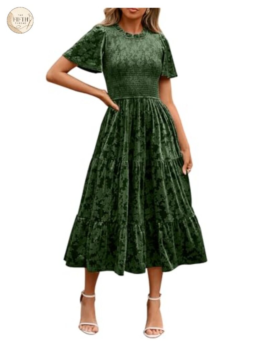 Simplee Velvet Semi Formal Short Sleeve Floral Smocked Empire Waist Dress